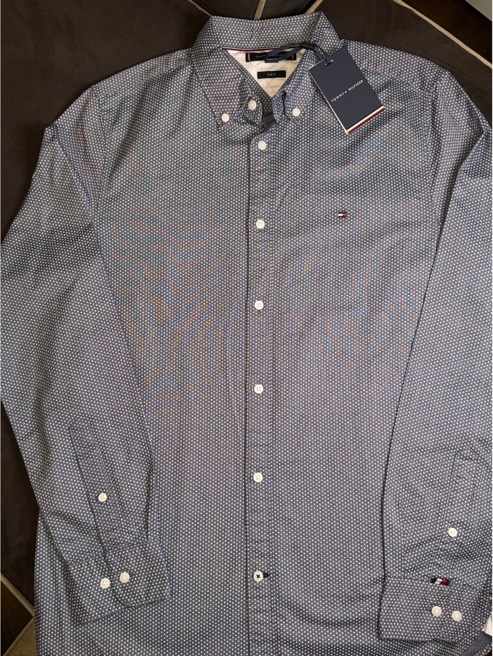 Tommy Hilfiger Men's Slim Fit Button-Down Dress Shirt, Size Large, Navy with Pol